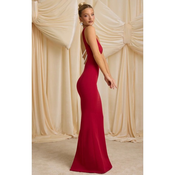Oh Polly True Red Halter Twist Keyhole Open Back Maxi Dress 11937D Size 0 NEW - Picture 5 of 15